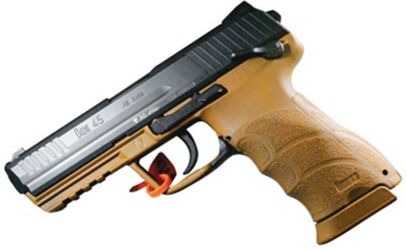 Picture of Heckler & Koch (H&K) HK45 V1 DA/SA Semi-Auto Pistol - 45 ACP, 113mm, Black/Tan Polymer, 2x10rds, Fixed 3-Dot Sights, Safety/Decocking Lever