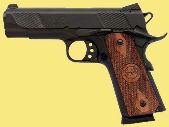 Picture of Iver Johnson Arms 1911 Hawk Single Action Semi-Auto Pistol - 9mm, 4.25", Matte Blued, Walnut Double Diamond Fine Line Checkered Grips, 9rds, Dovetail Front and Novak LoMount Style Rear Sights, Front & Rear Angled Serrations, Extended Slide Stop & Thumb S