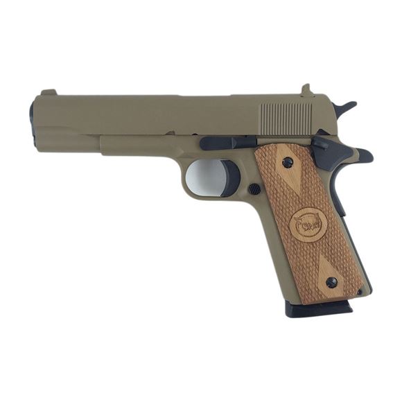 Picture of Iver Johnson Arms 1911A1 Single Action Semi-Auto Pistol - 9mm, 5", Matte Blued, Walnut Double Diamond Fine Line Checkered Grips, 8rds, Fixed Post Front and Dovetail Rear Sights, GI Style, Round Combat Hammer, Slightly Beveled Magwell