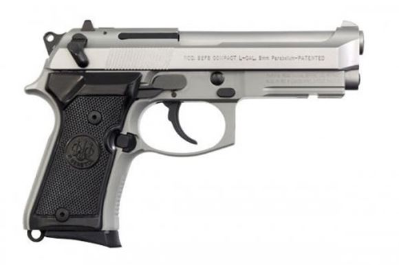 Picture of Beretta 92 Compact Inox w/Rail (M9A1) DA/SA Semi-Auto Pistol - 9mm, 108mm (4.25"), Stainless Steel Slide, Matte Silver Alloy Frame w/Integral Picatinny Rail, Black Plastic Grips, 2x10rds, 3-Dot Sights