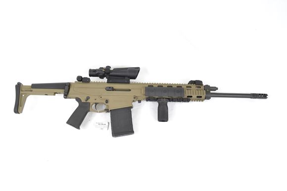 Picture of Used Robinson Armament XCR-M Semi-Auto Rifle - 308 Win, 18-1/2", Tan, Collapsable Stock, Lantac Muzzle Brake, Flip-Up Sights, 2x Magpul 5rds Magazines, 1 Metal Magazine, w/Trijicon 3.5x ACOG, Very Good Condition