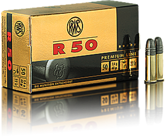 Picture of RWS Rottweil Premium Line Sports Rimfire Ammo - R 50, 22 LR, 40Gr (2.675g), LRN, 50rds