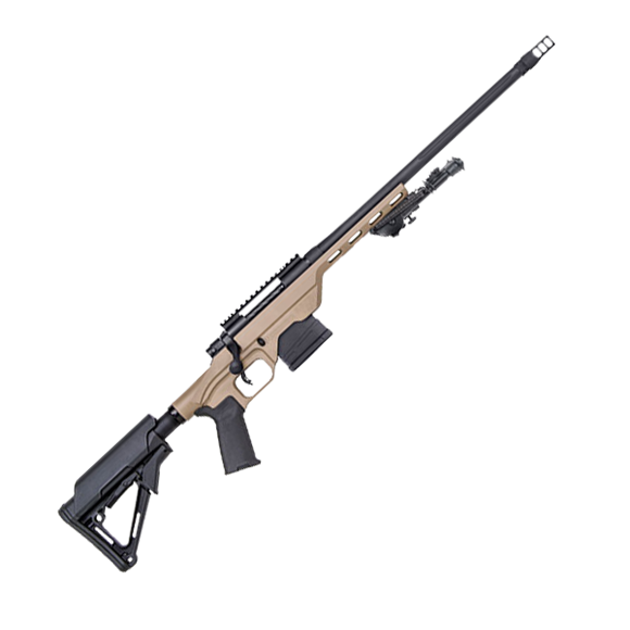 Picture of Mossberg MVP Series MVP-LC (Light Chassis) Bolt Action Rifle - 5.56mm NATO (223 Rem), 16.25", 1:7", Medium Bull, Fluted, Threaded w/Muzzle Brake, Matte Black, Tan Aluminum MDT LSS Light Chassis, Milspec Magpul CTR Adjustable LOP Stock, 5rds, w/Bipod