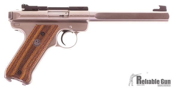 Picture of Used Ruger Mark II Competition Target Rimfire Semi-Auto Pistol - 22 LR, 6-7/8", Slab-Sided Bull Barrel, Satin Stainless Steel, Checkered Cocobolo w/Thrmbrest Grips, 2 Magazines, Fixed Front & Adjustable Rear Sights, Excellent Condition