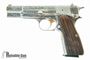 Picture of Browning Hi-Power JMB Custom Renaissance Silver Single Action Semi-Auto Pistol - 9mm, 4-5/8", Nickel Plated, Floral Engraved, Hand Checkered & Carved Walnut Grips, 2x10rds, Fixed Sights, With Display Case