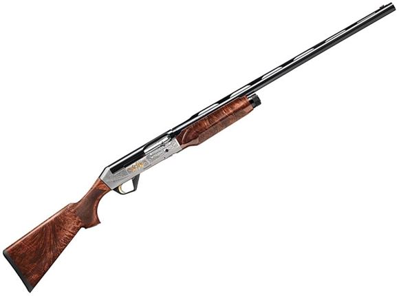 Picture of Benelli Super Black Eagle II 25th Anniversary Pacific Flyway Edition Semi-Auto Shotgun - 12Ga, 3.5", 28", Gloss Blued, AAA-Grade Oil-Finished American Walnut Stock, Nickel-Plated Receiver With Engraving & Gold Inlaid Waterfowl Scene, 3rds, Red-Bar Front