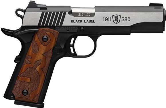 Picture of Browning 1911-380 Black Label Medallion Single Action Semi-Auto Pistol - 380 ACP, 4-1/4", Blacked Slide w/ Polish Flats, Matte Black Composite Frame, Stippled Browning Logo Grip Panels, 2x8rds, Combat Sights, Extended Ambi Safety, w/ Pistol Rug