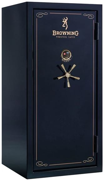 Picture of Browning Gun Safes & Pistol Vaults, Silver Series - SR33, 33 Guns (13/26+7), 11 Gauge, 16 Bolts (10 Active), 27 cu ft, 100 Mins @ 1680, 60"x31"x25.5", 5-Spoke Handle, Gloss, Electronic Lock