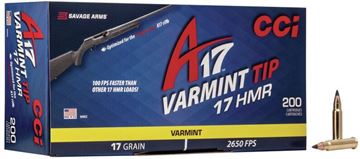 Picture of CCI Varmint Tip Rimfire Ammo - 17 HMR, 17Gr, Optimized for A17 Savage, 200rds Box, 2650fps