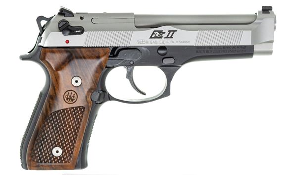 Picture of Used Beretta 92 Brigadier Elite II Semi Auto Pistol, 9mm Luger, Two-Tone, 5 Mags,  Cytac Holster, Walnut Grips, Very Good Condition