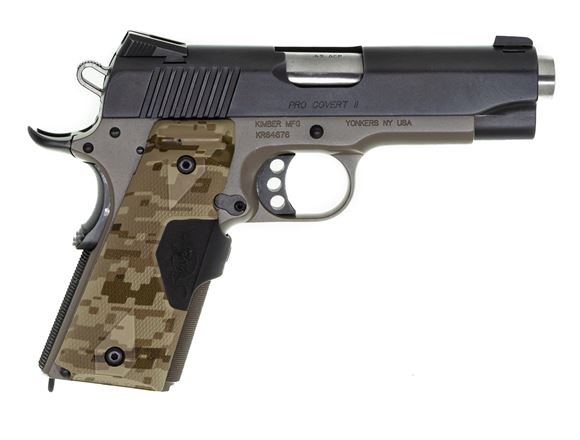 Picture of Used Kimber 1911 Pro Covert II Single Action Semi-Auto Pistol - 45 ACP, 4.25", Matte Black Slide, Dark Earth KimPro II Aluminum Frame, Digital Camo Crimson Trace Lasergrips Kimber Logo Grips, 2x7rds, Fixed Tactical Wedge Tritium Night Sights, Very Good