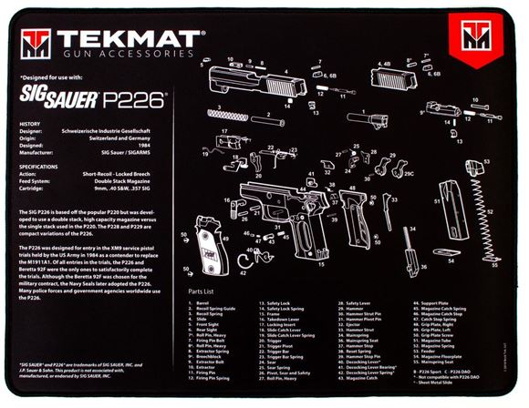 Picture of Tekmat Ultra 20, Sig Sauer P226 Gunsmith's Bench Mat - Extra Thick Black Neoprene, with Exploded Parts View, 15"x20"