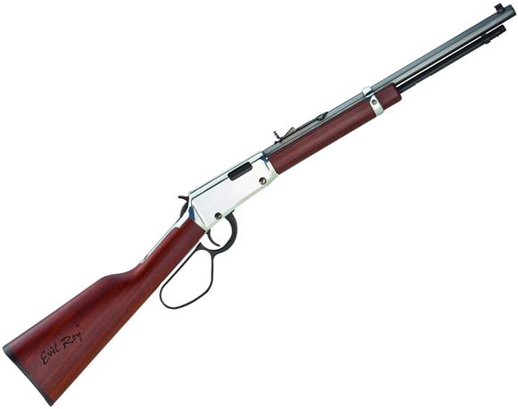 Picture of Henry Frontier Carbine "Evil Roy" Rimfire Lever Action Rifle - 22 S/L/LR, 16" Octagon Barrel, Blued, Silver Receiver, Laser Engraved Straight-Grip American Walnut Stock, 15rds, Hooded Front & Adjustable Rear Sights