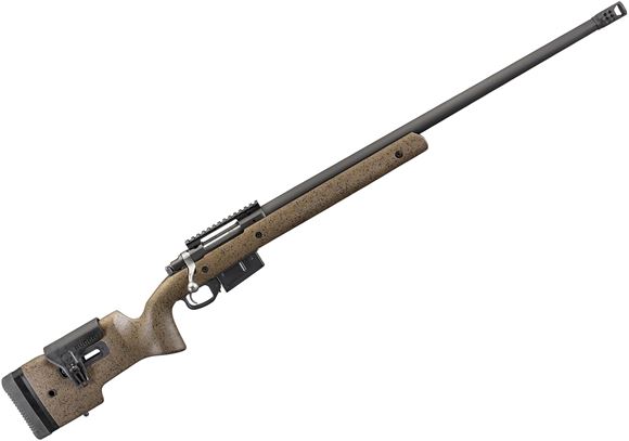 Picture of Ruger M77 Hawkeye Target - 6.5 PRC, 26", 5/8-24  Blued, Muzzle Brake, Heavy Barrel, One Piece Rail, M-Lok Compatible Stock, Adjustable Cheek Comb, 3rds, Speckled Brown/Black