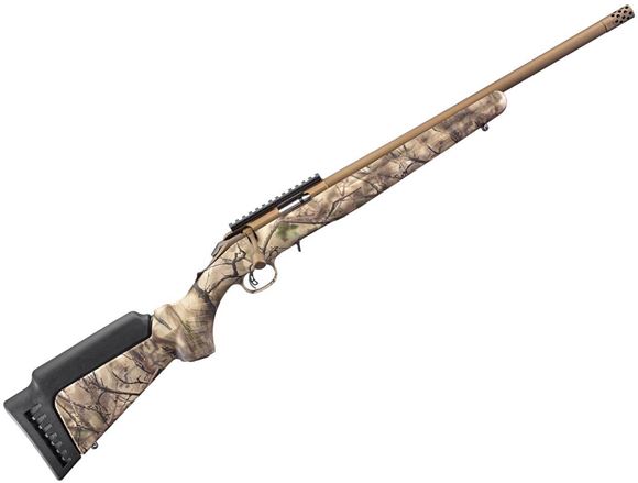 Picture of Ruger American Rimfire Bolt Action Rifle - 22 LR, 18", Burnt Bronze Cerakote Finish, GO Wild Camo IM Brush Synthetic, Muzzle Brake, Adjustable Trigger, Top Rail, 10rds