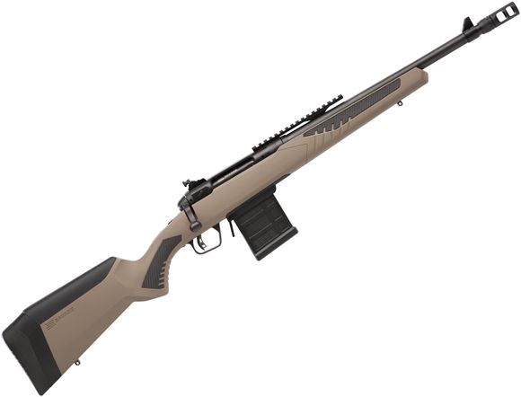 Picture of Savage Arms 110 Scout Bolt Action Rifle - 308, 16.5", Matte Black, FDE Synthetic Sporter Stock, Forward Mounted Rail, Adjustable Iron Sights, Adjustable Accutrigger, 10rds