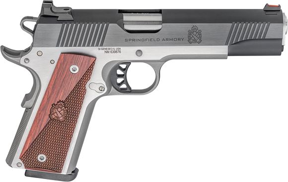 Picture of Springfield Armory 1911 Ronin Operator Semi-Auto Handgun - 9mm, 5", Stainless Steel Frame, Black Slide, Crossed Cannons Cocobolo Grip, Low Profile Combat Rear Sight & Fiber Optic Front, 1x9rds, Soft Case