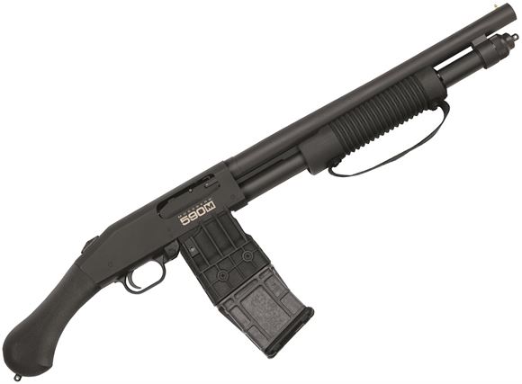 Picture of Mossberg 590 Shockwave Mag-Fed Pump Action Shotgun - 12Ga, 3", 14.3", Heavy-walled, Matte Blued, Black Raptor Grip & Corn Cob Forend w/ Strap, 5rds, Front Bead Sight, Fixed Cylinder, 10rd Magazine