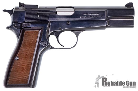 Picture of Used Browning Hi-Power Standard Single Action Semi-Auto Pistol - 9mm, 4-5/8", Matte, Polished Blued, Select Walnut Grips, 2x10rds, White Dot Front & Adjustable White Dot Rear Sights, Excellent Condition