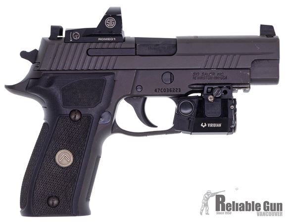 Picture of Used Sig Sauer P226 Legion DA/SA Semi Auto Pistol, 9mm Luger, Sig Romeo 1 Red Dot, Viridian Light/Laser Combo Green, Night Sights, 3 x Mags, Original Case, Good Condition