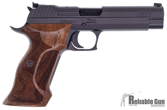 Picture of Used Sig Sauer P210 Target Single Action Semi Auto Pistol - 9mm Luger, 5", Black, 2x8rds, Walnut Target Grip, Adjustable Rear Sight,  Made In USA, Very Good Condition