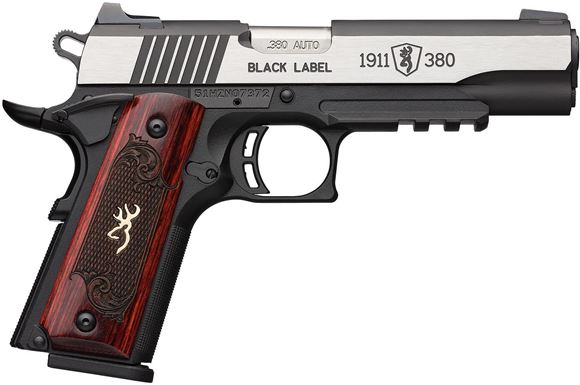 Picture of Browning 1911-380 Black Label Medallion Pro Single Action Semi-Auto Pistol - 380 ACP, 4-1/4", Blacked Slide w/ Polished Flats, Matte Black Composite Frame With Rail, Checkered Rosewood Grip Panels, 8rds, 3 Dot Sights, Ambi Safety