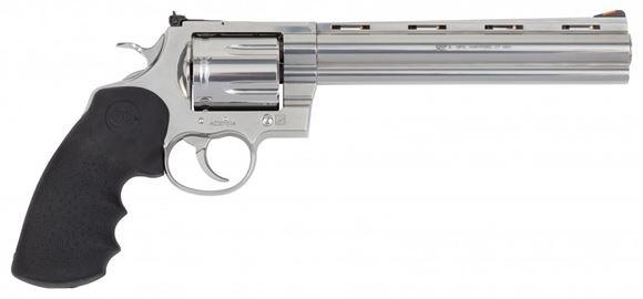 Picture of Colt Anaconda DA Revolver - 44 Rem Mag, 8" Barrel, Stainless Steel, Hogue Overmold Rubber Grip, Adjustable Rear Sight, 6rds