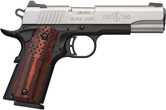 Picture of Browning 1911-380 Black Label Pro SS Single Action Semi-Auto Pistol - 380 ACP, 4-1/4", Satin Stainless Finish, Matte Black Composite Frame, American Flag Rosewood Grips, 2x8rds, Combat White Dot Sights, Extended Ambi Safety