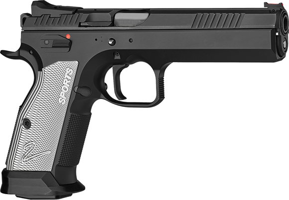 Picture of CZ Tactical Sports TS 2 Silver Semi Auto Pistol, 9mm Luger, 5.28" Barrel, Fixed Rear and Fiber Optic Front Sight, Extended Mag Release, Flat Trigger, Flared Magwell, 3 Mags, Silver Grips