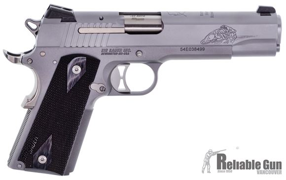 Picture of SIG SAUER 1911 NLEOMF Commemorative Stainless Single Action Semi-Auto Pistol - 45 ACP, 5", Stainless, Traditional Slide With NLEOMF Engraving, Blackwood Grips, Siglite Night Sights, 3x8rds