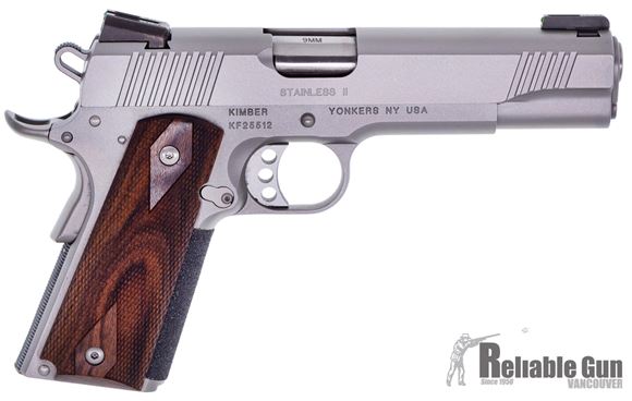 Picture of Used Kimber 1911 Stainless II Semi-Auto Pistol, 9mm Luger, 5" Barrel, Tru Glo Sights, 2 Mag, Checkered Wood Grips, Original Case, Excellent Condition