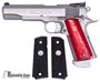 Picture of Used Colt 1911 MK IV Series 80, 45 Acp, Stainless 5'' Bar Sto Barrel, Stainless Guide Rod, Adjustable Rear Sight, Red Hogue Flame Grips & Original Grips, 2 Magazines, Firing Pin Block Removed, Very Good Condition