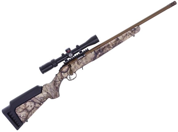 Picture of Used Ruger American Rimfire Bolt Action Rifle - 22 LR, 18", Burnt Bronze Cerakote Finish, GO Wild Camo IM Brush Synthetic, Muzzle Brake, Adjustable Trigger, Top Rail, Simmons 3-9x32 Scope, 1 Magazine, Excellent Condition