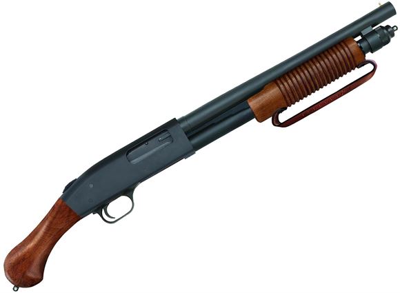 Picture of Mossberg 590 Nightstick Pump Action Shotgun - 12Ga, 3", 14.5", Matte Blued, Wood Birdhead Stock, 5rds, Bead Sights, Wood Corncob Strapped Forend, Cyl. Bore