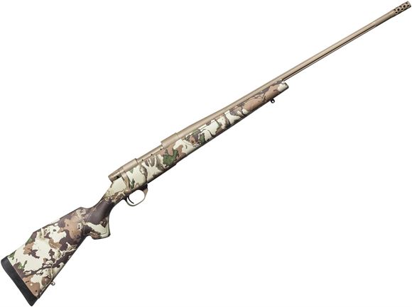 Picture of Weatherby Vanguard First Lite Bolt Action Rifle - 300 Wby, 26", #2 Contour, Cold Hammer Forged Fluted Barrel, FDE Cerakote Finish, First Lite Fusion Camo Monte Carlo Composite Stock, 3rds, Two-Stage Trigger, Accubrake