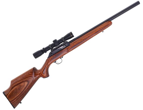 Picture of Used Thompson Center R55 Benchmark Semi Auto 22 LR, 18'' Heavy Target Barrel, Brown Laminate Stock, Leupold 2-7x28 Rimfire, 2 Magazines, Very Good Condition