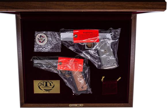 Picture of Pre-Owned Unfired STI 100th Anniversary Special Edition Set, one STI 1911 and one STI 2011, 45 ACP, Display Case, Sealed Packages