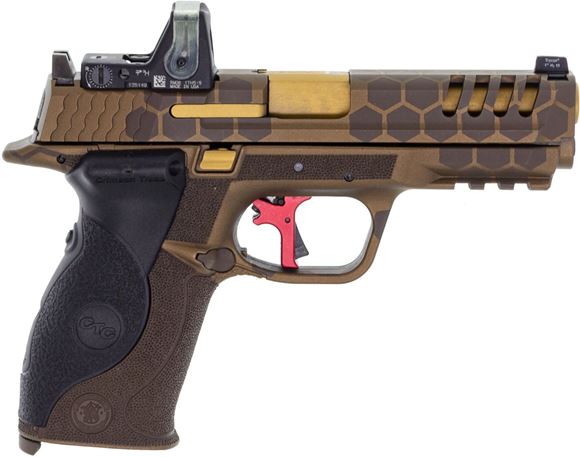 Picture of Used Smith & Wesson M&P9 VTAC Semi-Auto 9mm, 4.25" Barrel, Hexagon Burnt Bronze/Gold Cerakote, With Trijicon RM08 Fiber Optic Red Dot Sight, Trijicon Night Sights, Crimson Trace Laser Grip, APEX Flat Trigger, 2 Mags & Original Case, Very Good Condition