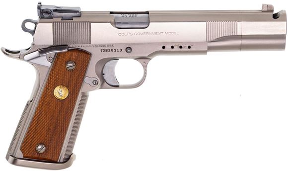 Picture of Used Colt 1911,  DLASK Built Competition Semi Auto Pistol, 45 ACP, 5" Barrel W/Compensator, Nickel Finish, Magwell, Target Sights, Wood Grips, Grip Safety Deleted, Frame Drilled for Optic Mount, 2 Mags, Good Condition