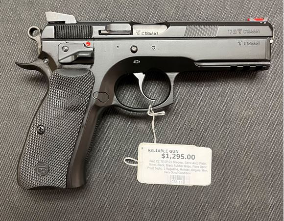 Picture of Used CZ 75 SP-01 Shadow, Semi Auto Pistol, 9mm, Black, Black Rubber Grips, Fibre Optic Front Sight, 1 Magazine, Holster, Original Box, Very Good Condition