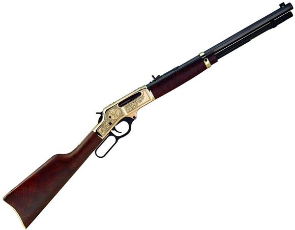 Picture of Henry Repeating Arms Brass Wildlife Edition Lever Action Rifle - 30-30 Win, 20", Blued Octagon Barrel, Engraved Brass Receiver, American Walnut Stock, Adjustable Buckhorn Rear Sight & Ramp Front, 5rds