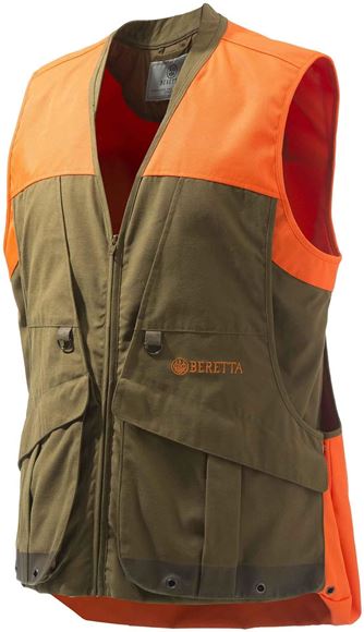 Picture of Beretta Men's Clothing, Vests - Beretta Retriever Field Vest, Large Game Bag w/ Waterproof Lining,  Adult, Tobacco & Blaze Orange, Size XL