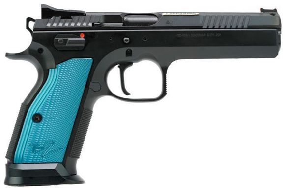 Picture of CZ Tactical Sports TS 2 Blue Semi Auto Pistol, 9mm, 5.28" Barrel, Fixed Rear and Fiber Optic Front Sight, Extended Mag Release, Flat Trigger, Flared Magwell, 1 Mag, Blue Aluminum Grips.