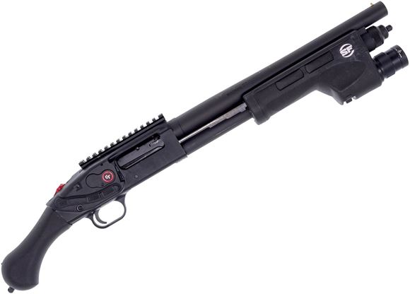 Picture of Used Mossberg 590 Shockwave Pump Action Shotgun - 12Ga, 2 3/4", 14.5", Matte Blued, Black Synthetic Birdhead Stock, 5rds, Bead Sights, Oversized Safety, Aftermarket Follower, Crimson Trace Laser, Surefire Light Forend, Good Condition