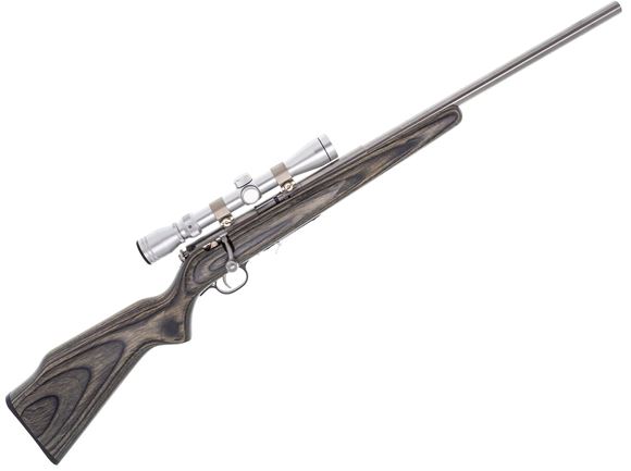 Picture of Used Savage Arms 17 Series, 93R17 BVSS Rimfire Bolt Action Rifle - 17 HMR, 21", Heavy Barrel, Matte Stainless Steel, Satin Grey Wood Laminated Stock, 5rds, Accu-Trigger, Tasco Scope 3-9,  Excellent Condition