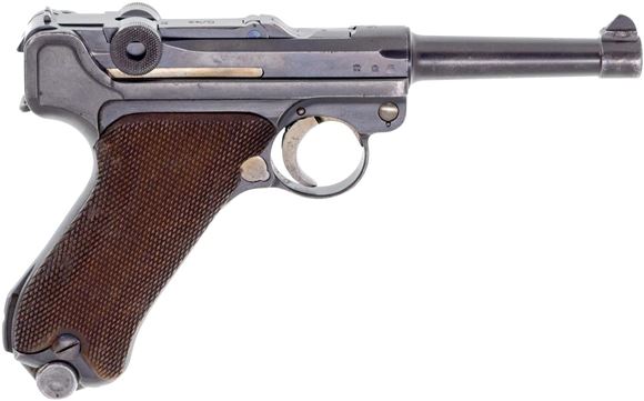 Picture of Used Luger P08 G Model, 9mm Semi Auto, 4'' Barrel, Wafenampts, Wood Grips, Original Holster Matching Numer Magazine, 1942 Production,  Extra Magazine, Very Good Condtion (12.6 Phohibited)