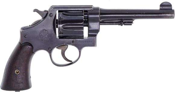 Picture of Used Smith & Wesson Model 1917 Double Action Revolver, 45 ACP, Stamped Made in USA for Brazil 1937, 5.5" Blued Barrel, Wood Grips, Good Condition