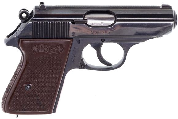 Picture of Used Walther PPK Prohibited (12.6) Semi Auto Pistol, 32 Auto, 2 Mags, Brown Grips, Leather Holster, Original Box, Good Condition