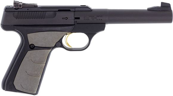 Picture of Used Browning Buck Mark Camper UFX Rimfire Single Action Semi-Auto Pistol - 22 LR, 5-1/2", Tapered Bull, Matte Blued, Matte Black Aluminum Alloy Receiver, Overmolded Ultragrip FX Ambidextrous Grips, 10rds, Pro-Target Adjustable Sights