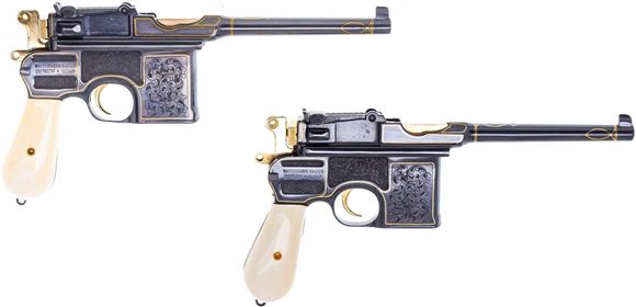 Picture of Used Mauser C96 Set, 7.63 Mauser, Gold Inlay and Engraving, White Grips, Serial #'s (78xxx & 108xxx), Display Box, Good Condition